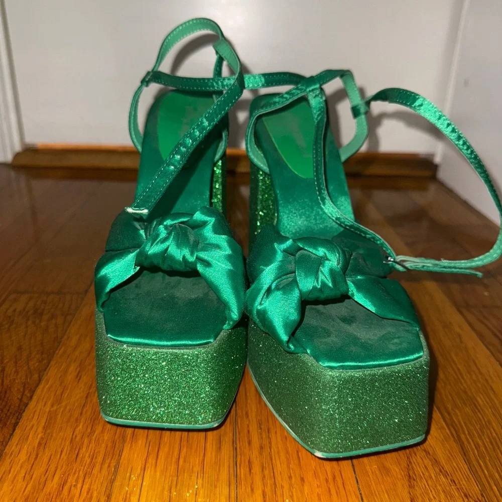 Jeffrey Campbell Green Satin & Glitter Platform Heels Never Worn - Picture 4 of 11